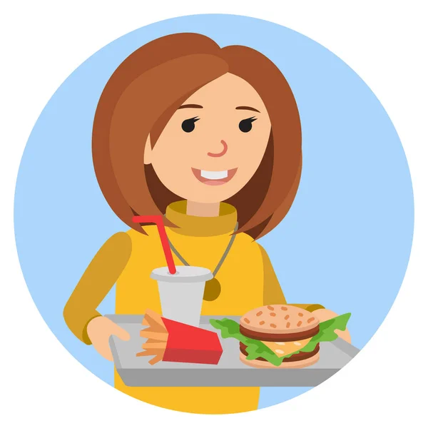 Fast Food oder Restaurant. Frau mit Tablett isoliert auf weißem Hintergrund. — Stockvektor
