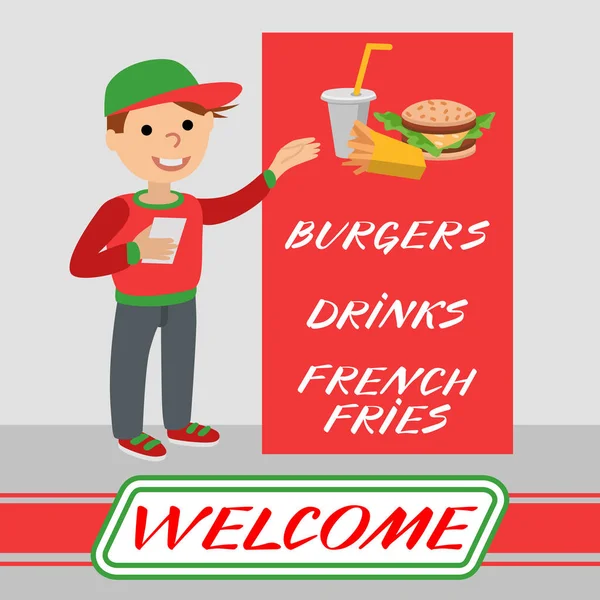 Pracownik restauracji fast food pokazuje plakat reklamowy. — Wektor stockowy
