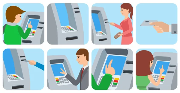 ATM makinesi kullanan kişiler. Vektör çizim simgeler izole beyaz arka plan. — Stok Vektör