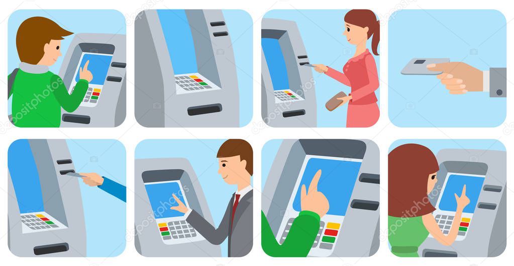People using ATM machine. Vector illustration icons isolated white background.