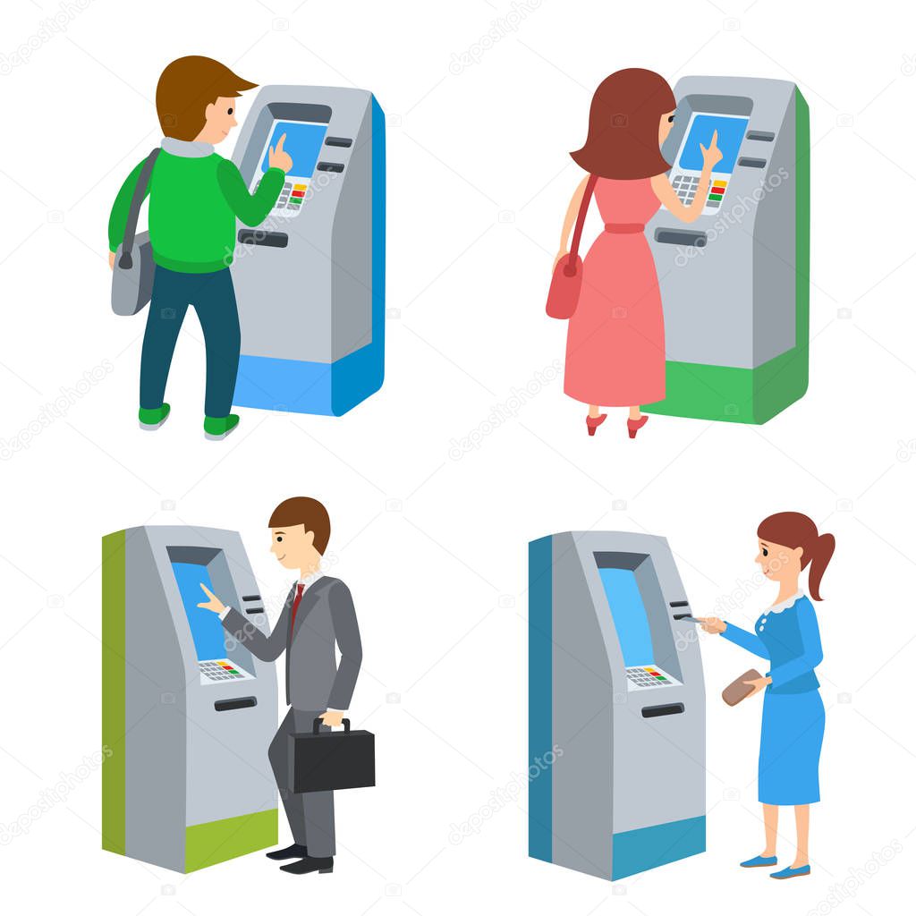 People using ATM machine. Vector illustration isolated white background.