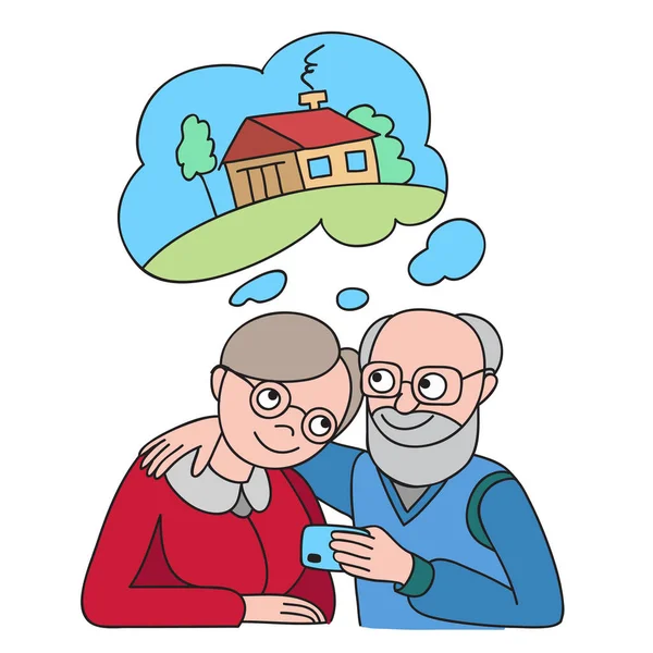 Senior paar met creditcard droomt van huis. Bancaire concept illustratie. — Stockvector