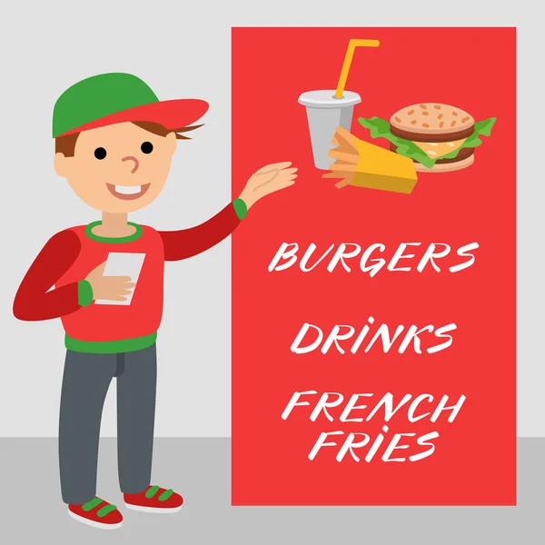 Een werknemer fast-food restaurant toont promotie-poster. — Stockvector