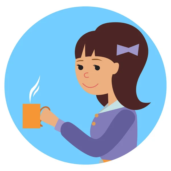 Mujer con taza en la mano bebiendo café caliente. Icono de ilustración vectorial — Vector de stock