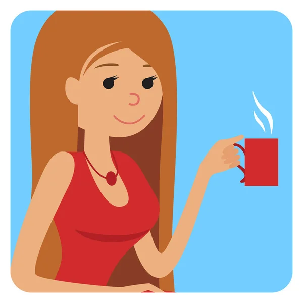 Женщина с чашкой в руке пьет горячий кофе. Значок векторной иллюстрации — стоковый вектор