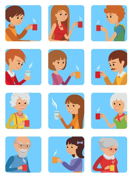 Pessoas com xícara na mão a beber café quente. Ícone de ilustração vetorial —  Vetores de Stock