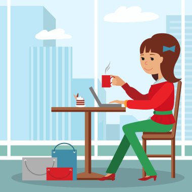 Kahve içme ve dizüstü bilgisayar kullanarak masada oturan genç kız. Vektör çizim menüsü, broşür, el ilanları Cafe için şablon.