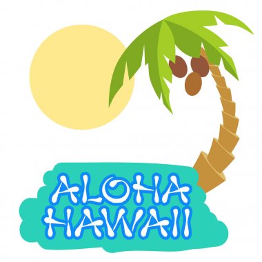 Tropik ada ile palmiye ağacı. Hawaii seyahat için vektör çizim simgesi.