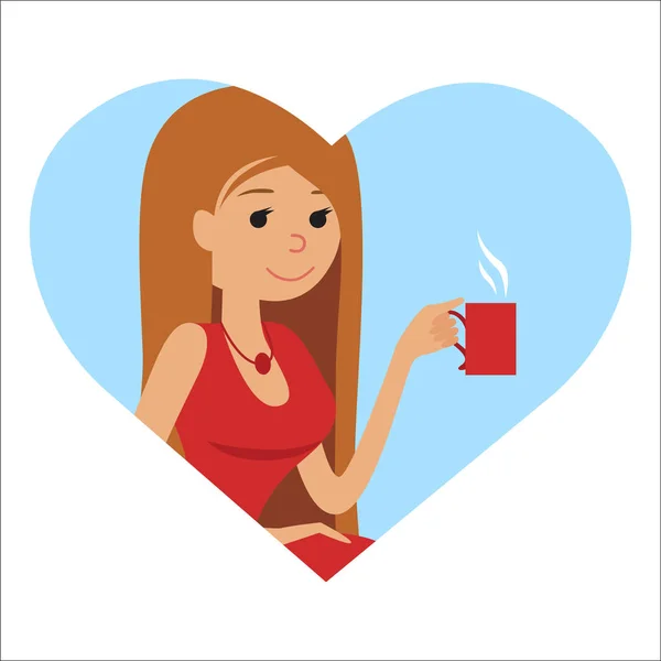 Mujer con taza en la mano bebiendo café caliente. Icono de ilustración vectorial — Vector de stock