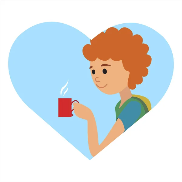 Un hombre con una taza en la mano bebiendo café caliente. Icono de ilustración vectorial — Vector de stock