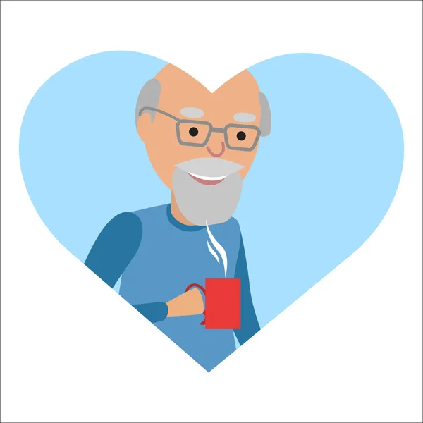 Hombre mayor con taza en la mano bebiendo café caliente. Icono de ilustración vectorial — Archivo Imágenes Vectoriales