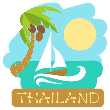 Palmiye ağacı ve tekne tropikal ada. Seyahat için vektör çizim simgesi.