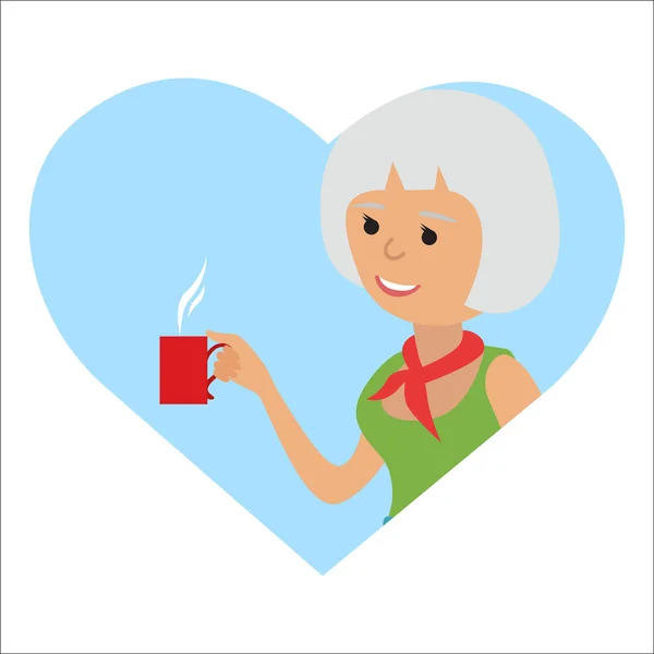 Mujer con taza en la mano bebiendo café caliente. Icono de ilustración vectorial — Vector de stock