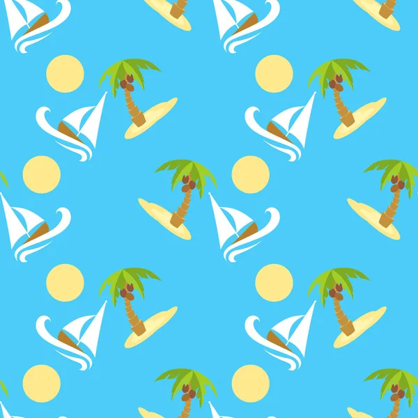 Vector illustration seamless pattern for traveling. Tropical island with palm tree and boat — Stock Vector