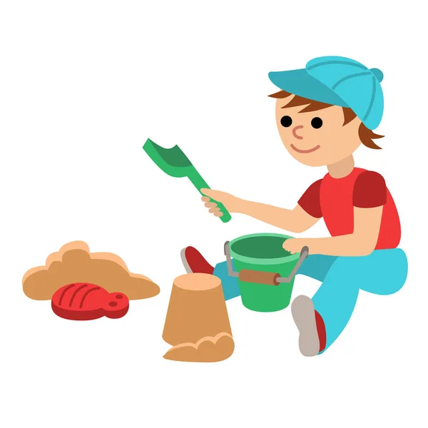 Roztomilý malý chlapeček s hraní na pískovišti. Batole s báchorka kbelík a lopata na písek. Kreslené vektorové ilustrace izolované na bílém pozadí v plochý. — Stockový vektor