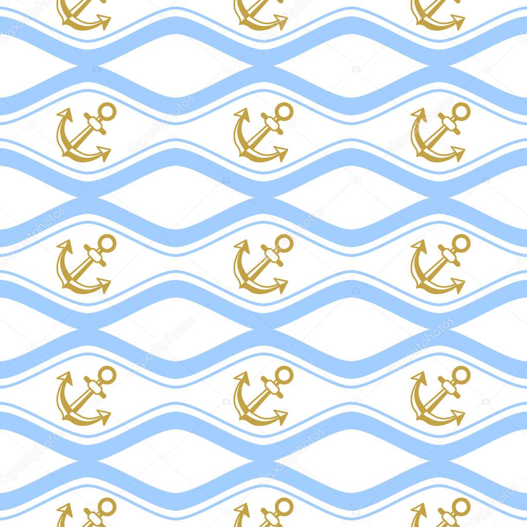 Seamless pattern with ropes and waves. Ongoing backgrounds of marine theme.
