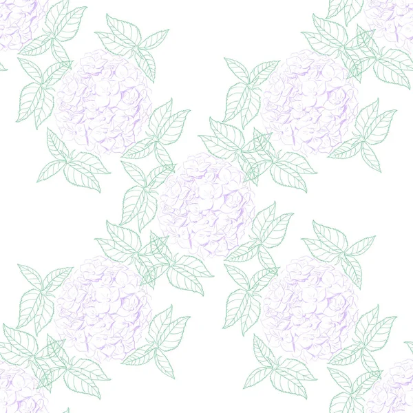 Inflorescence Hortensia disposée aléatoirement dans un motif sans couture, illustration vectorielle en dessin à la main style linéaire . — Image vectorielle