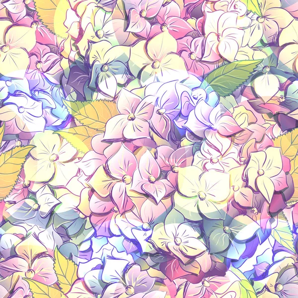 Bloeiwijze Hydrangea willekeurig gerangschikt in naadloze patroon, vectorillustratie in de hand tekenen stijl. — Stockvector