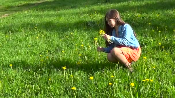 Chica recogiendo dientes de león amarillos en el prado. diente de león. Día de primavera. Hermosa adolescente sonriente en el parque de primavera con flores. Imágenes de vídeo HD cámara estática . — Vídeo de stock