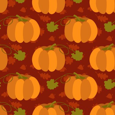 Sonbahar sezonu ile Seamless Modeli yapraklar ve kabaklar kahverengi zemin vektör çizim üzerinde. Şükran günü kavramı.