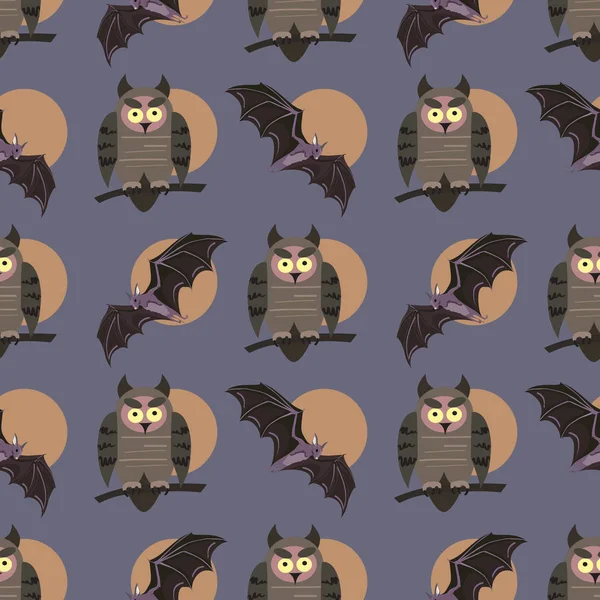 Vector naadloze patroon met vogels. Uilen op de takken en vleermuizen. Halloween-thema. — Stockvector