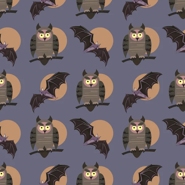 Patrón sin costura vectorial con pájaros. Búhos en las ramas y murciélagos. Tema Halloween . — Vector de stock