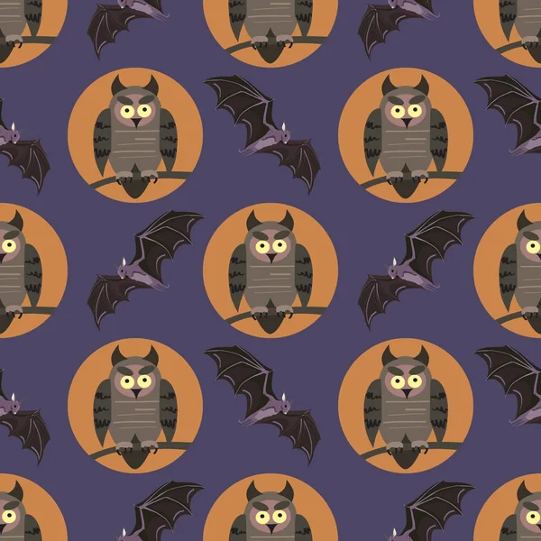 Patrón sin costura vectorial con pájaros. Búhos en las ramas y murciélagos. Tema Halloween . — Archivo Imágenes Vectoriales