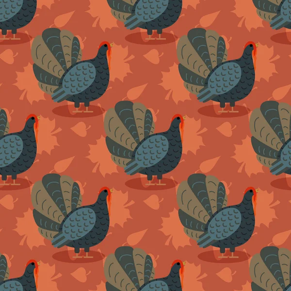 Modèle coloré avec oiseau et feuilles de dinde de dessin animé. Fond sans couture pour la célébration de Happy Thanksgiving. Illustration vectorielle . — Image vectorielle