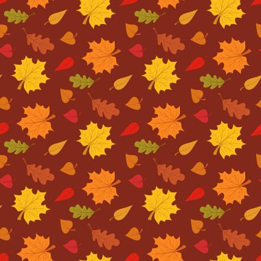 Sonbahar sezonu seamless modeli ile kahverengi zemin vektör çizim üzerinde yapraklar