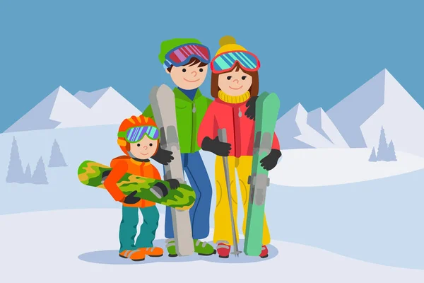 Mężczyzna, Kobieta, chłopiec, jazda na nartach w górach śnieg. Ilustracja wektorowa sport zimowy dla rodzin z dziećmi. — Wektor stockowy