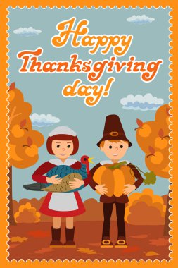 Şükran günü kartı Tebrikler çocuklar kabak ve Türkiye vektör çizim.