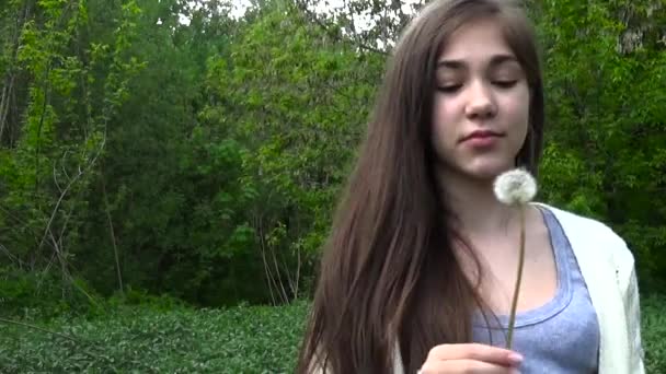 Young Girl Blowing on a Dandelion. Video footage HD. Static camera. — Stock Video