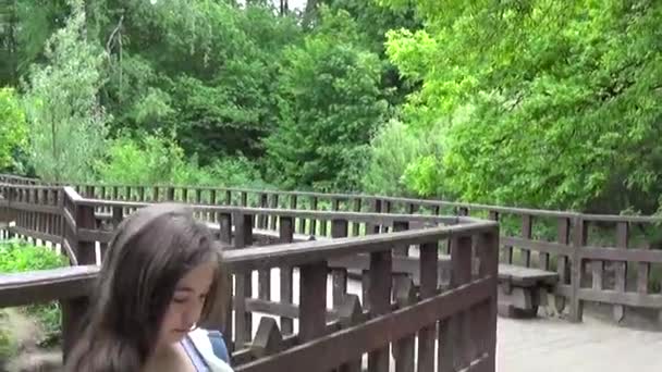 Aantrekkelijk meisje met behulp van mobiele telefoon op de Bank. Zomer park. Glimlach. HD schieten verkeer camera panorama met steadicam. — Stockvideo