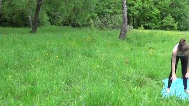 Jonge mooie tiener meisje het beoefenen van fitness uitoefenen buiten in park in zomerdag. HD verkeer camera panorama met steadicam. — Stockvideo