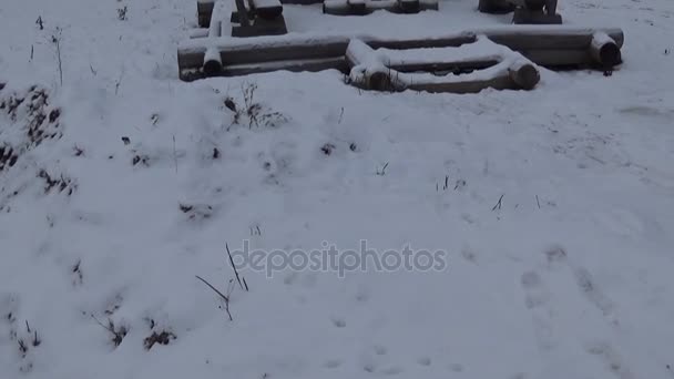 Russische Holzarchitektur. Sergijew Posad. Gremyachiy Schlüssel. die heilige Quelle. Drehtermin 26. November 2017. panoramakamera bewegung mit bewegungen hd steadicam-material. — Stockvideo