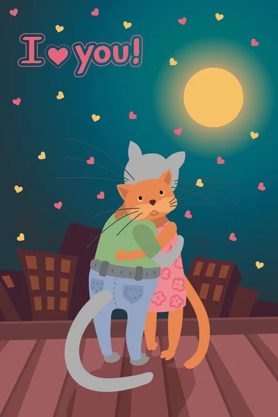 Vector kaart met Valentijn s dag concept, twee katten op het dak in de nacht — Stockvector