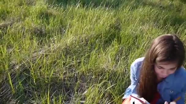 예쁜 십 대 소녀는 공원에서 푸른 잔디에 앉아있는 동안 연필 스케치를 확인 합니다. 화창한 날. — 비디오