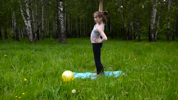 若い美しいティーンエイ ジャーの女の子が夏の日の公園で屋外、フィットネスで運動を練習します。Hd 撮影静的なカメラ. — ストック動画