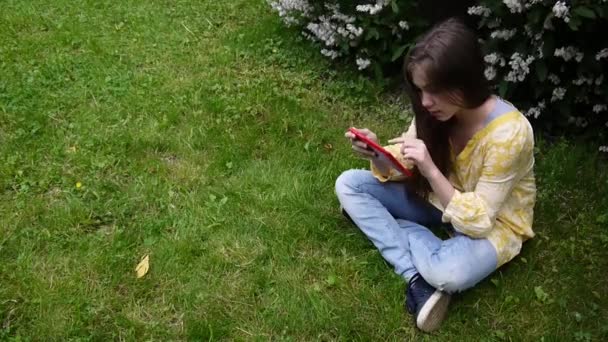 Vackra tonåring flicka med tablett dator sitter på gräset i parken. Film av statisk kamera. — Stockvideo