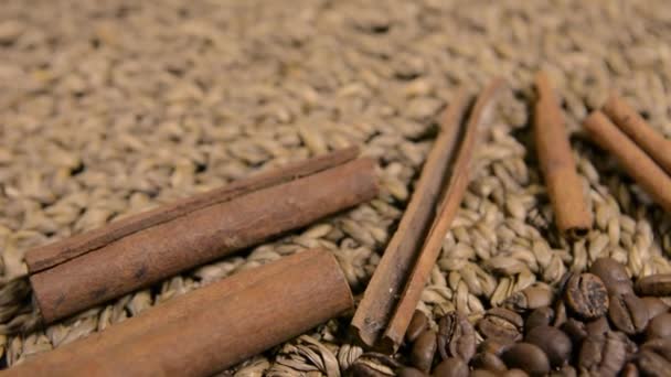 Kaffebönor och kanel pinnar på den naturliga vävda bakgrunden, — Stockvideo