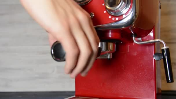 Barista prepares coffee in carob coffee machine. vintage style — Stock Video