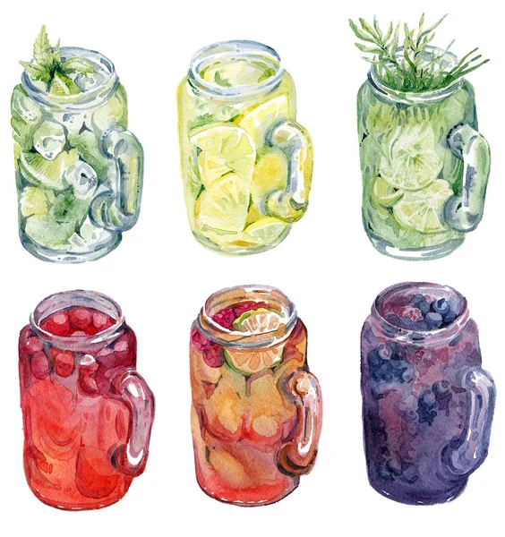 Sbírka studené nápoje. Akvarel, ilustrace. — Stock fotografie