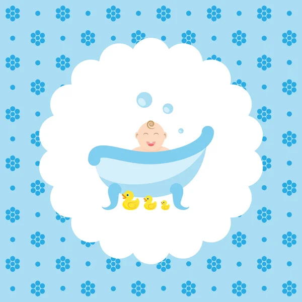 Bebé feliz en el baño con patos de goma — Vector de stock