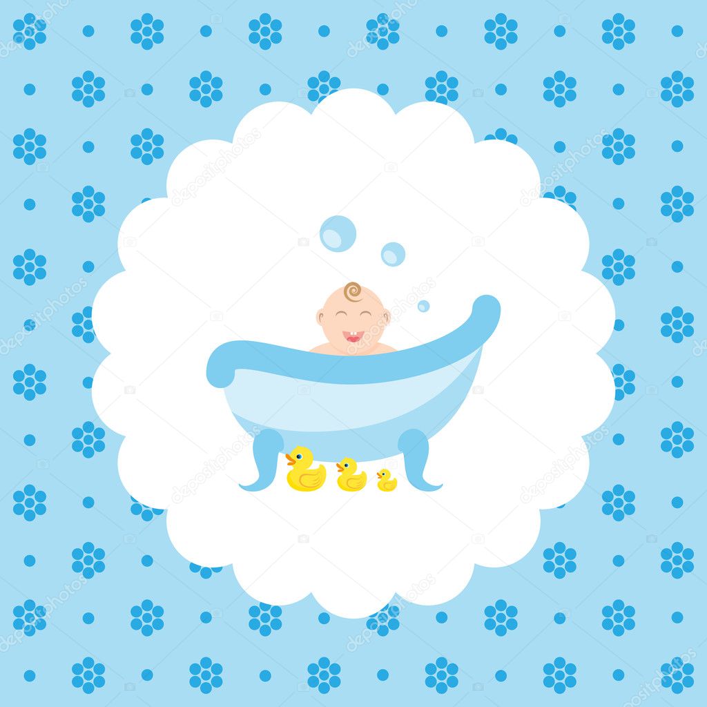Baby in the bath with a rubber ducks. Flat vector illustration on floral pattern. Can be used for design greeting card, invitation or banner. All the elements can be used as icons for mobile