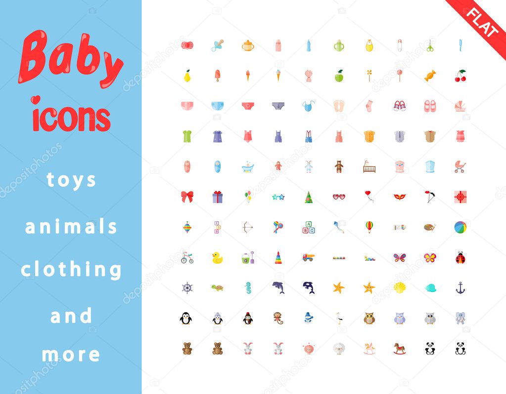 Baby set. Toys, animals, clothing, and more. Icons for web and mobile application. Vector illustration on a white background. Flat design style.