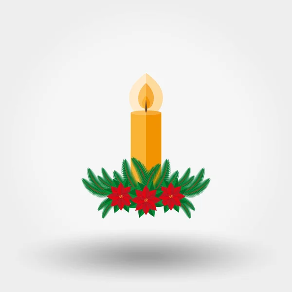 Christmas candle decorated with fir twigs and poinsettia — Stock Vector