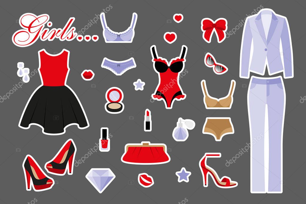 Fashion patch badges with women clothing, lingerie, business suit, dress and other elements. Set of stickers, pins, patches in flat design style. Vector illustration.