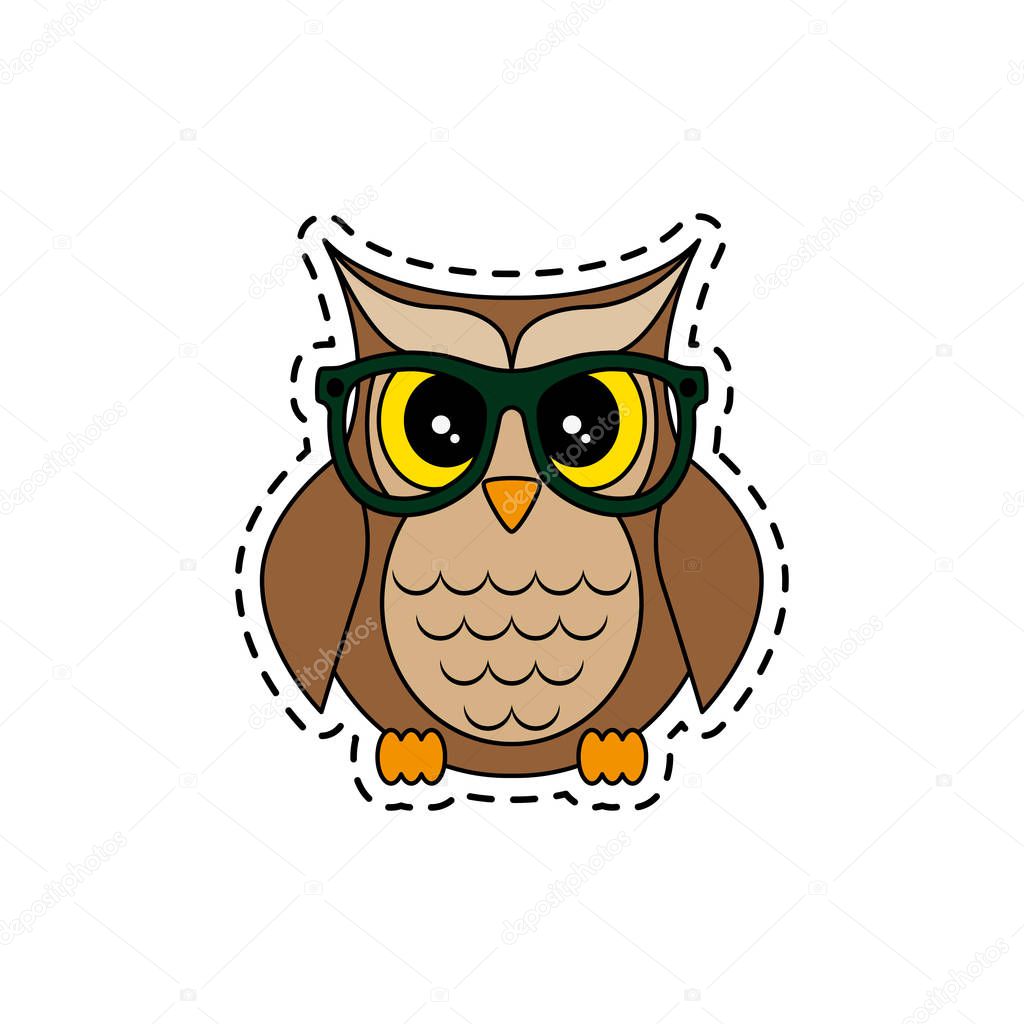 Owl with glasses. Fashion patch badges. Sticker, pin, patch in cartoon 80s-90s comic style. Vector illustration isolated on white background.