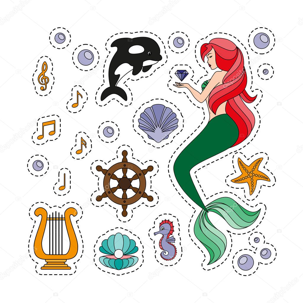 Fashion patch badges with a mermaid, killer whale, harp, notes, seashells. Set of stickers, pins, patches in cartoon 80s-90s comic style. Vector illustration isolated on white background.