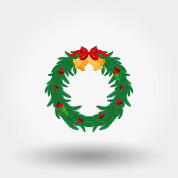 Couronne de Noël avec des baies de houx, des cloches et un arc rouge. Icône. Vecteur. Plat . — Image vectorielle